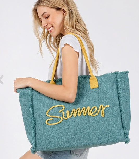 SUMMER Message Embroidered Fringe Canvas Tote  - Teal & Orange