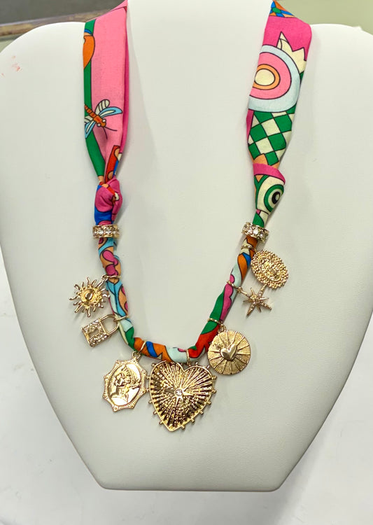 Pink-Green Scarf Charm Necklace with Extender