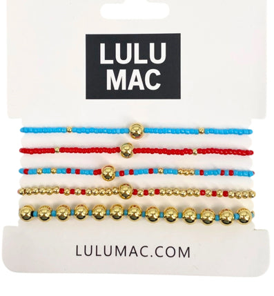 LULU MAC Light Blue & Red 5-Strand Beaded Bracelets