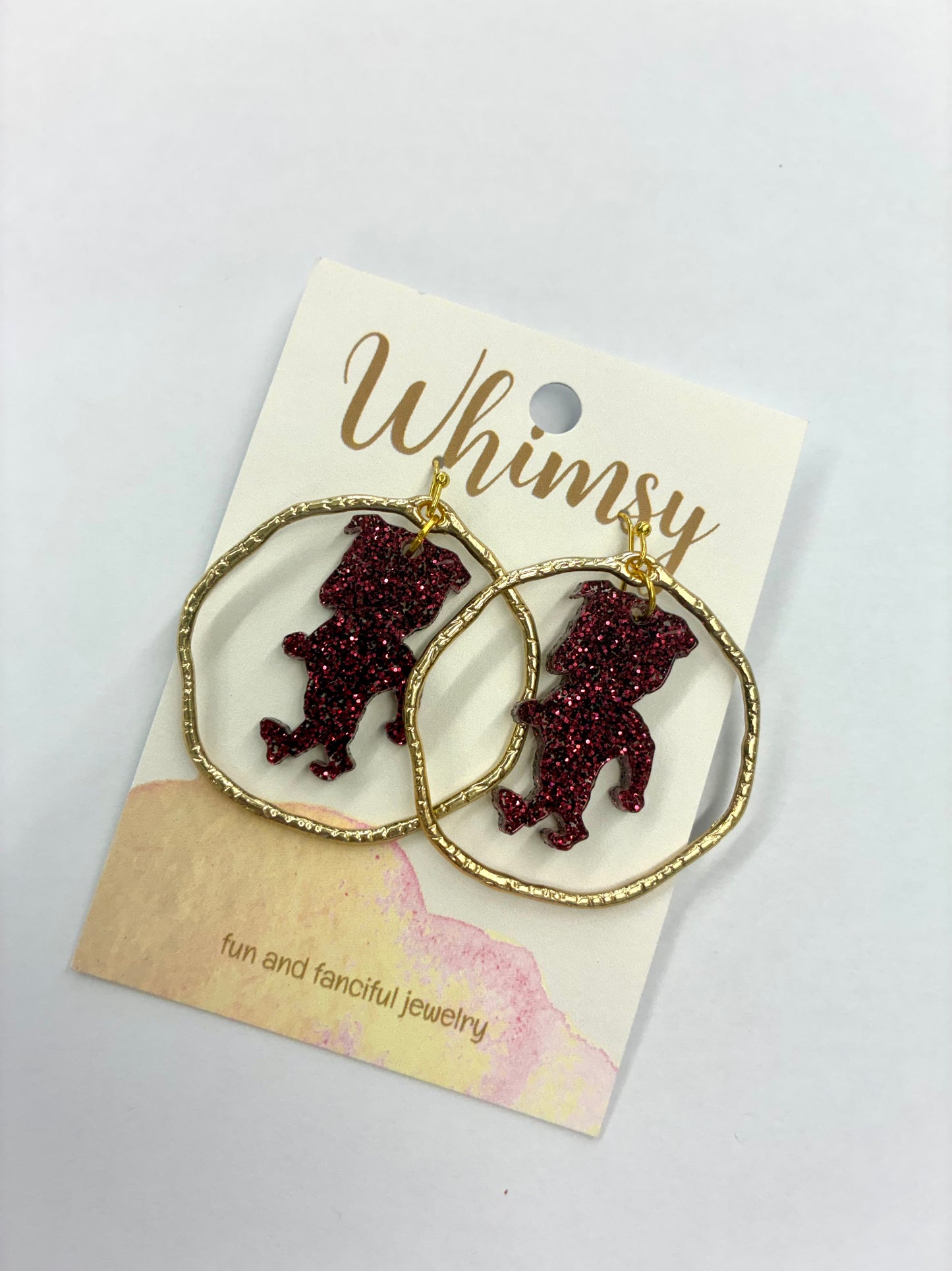 Bulldog Glitter Maroon Earrings with Gold Circle Attachment