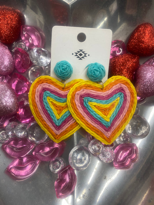 Multicolored Raffia Heart Earrings