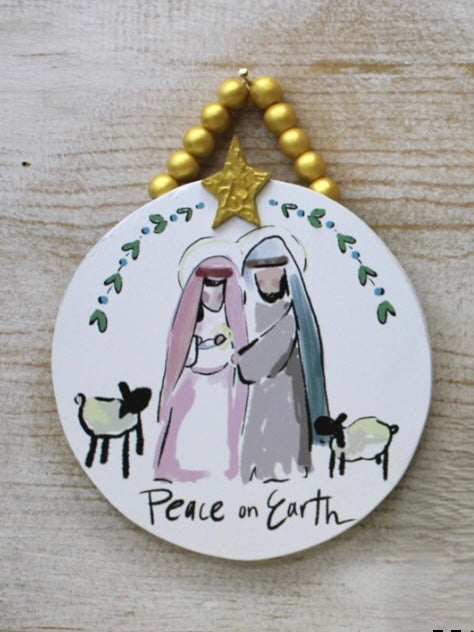 5” Ornament Holy Family, Peace on Earth, Beaded Hanger