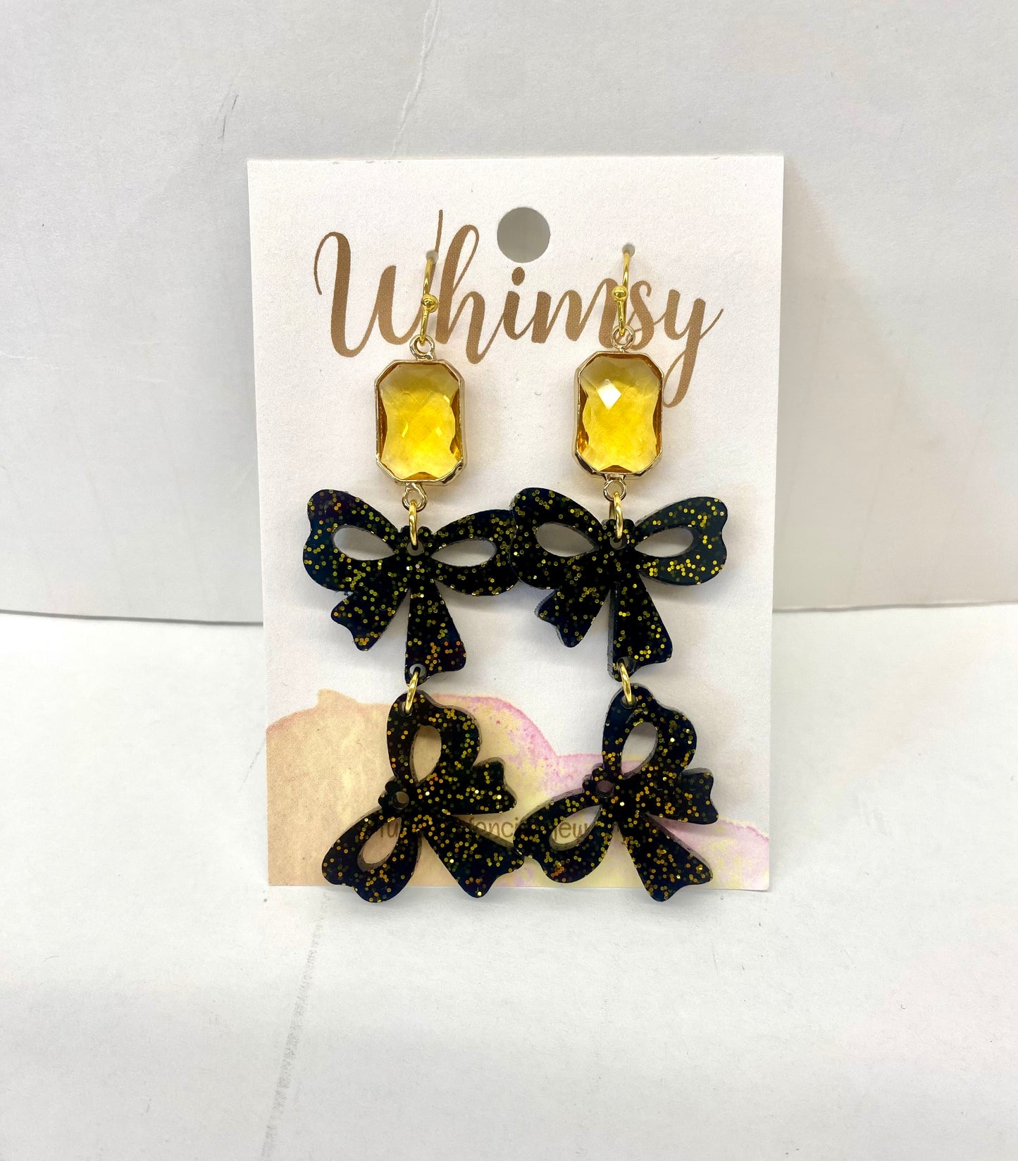 Black and Yellow Bow Earrings with Yellow Jewel  /  Whimsy Jewels