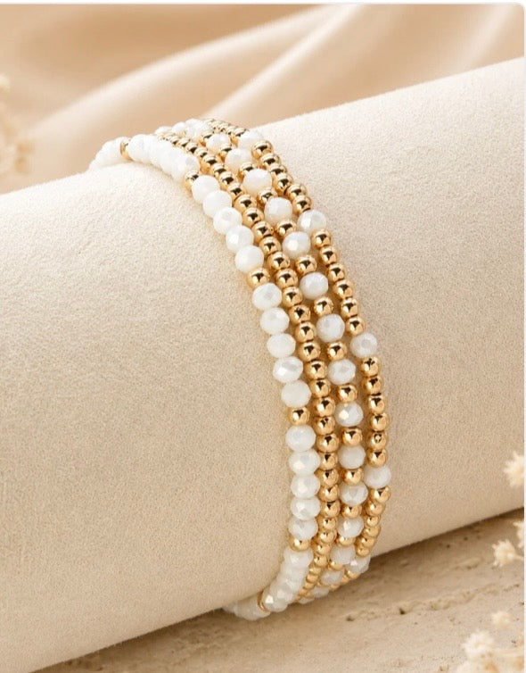 4-Piece CCB Glass Bead Bracelet- White & Gold