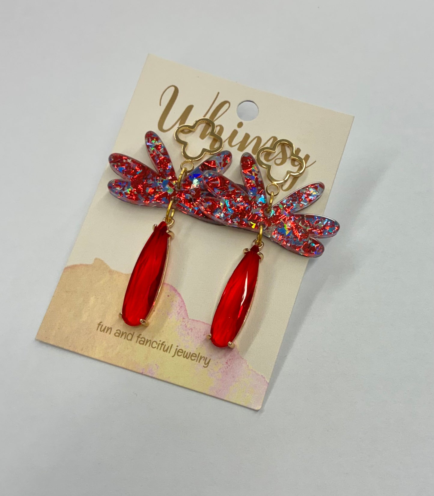 Red, Blue, Glitter Earrings with Red Dangle Stone and Gold Clover