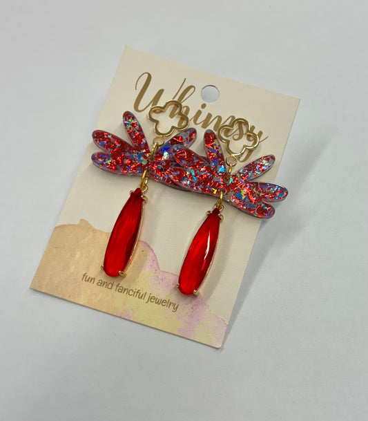 Red, Blue, Glitter Earrings with Red Dangle Stone and Gold Clover