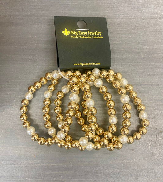 Beaded Gold and Pearl Stretch Bracelet Stack