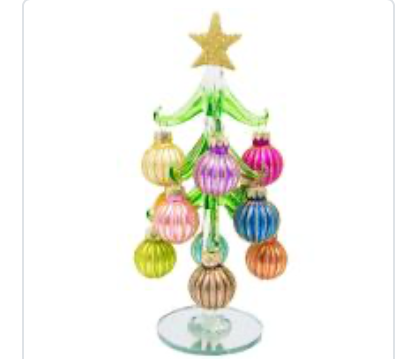 Green Glass 8” Tree with Pastel Ridged Ornaments