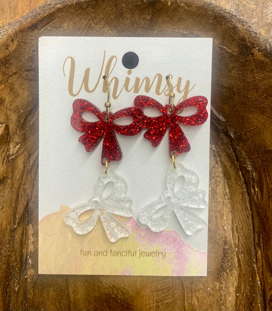 Red & White Glitter Bow Earrings