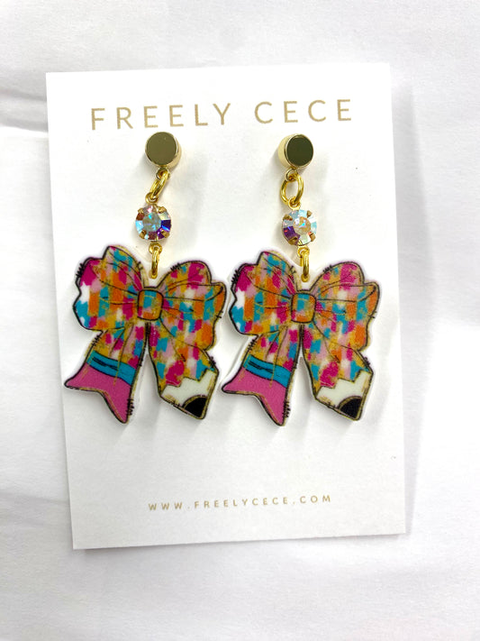 Pencil Bow Earrings with Rhinestone