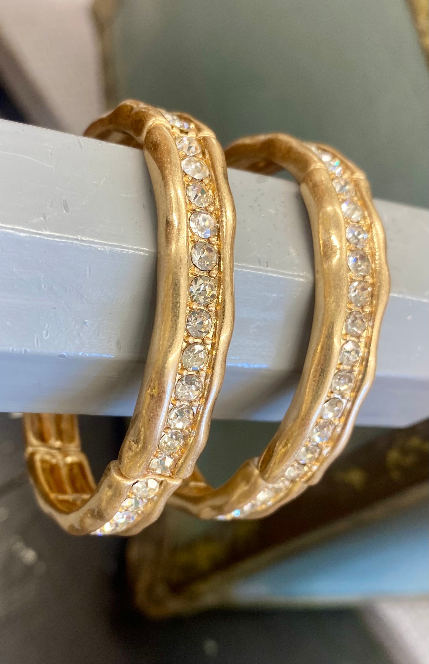 Gold Stretch Rhinestone Bracelet / Med Size Rhinestone Hoop Earrings