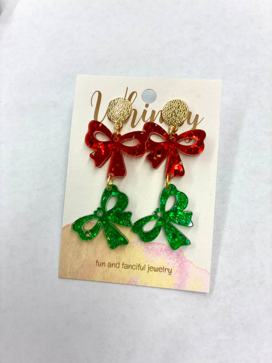 Green & Red Shiny Bow Earrings