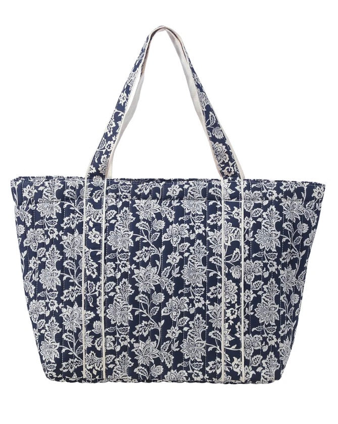 Navy Floral Print Quilted Tote Bag with Shoulder Straps