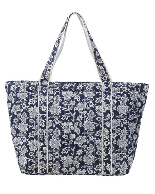 Navy Floral Print Quilted Tote Bag with Shoulder Straps