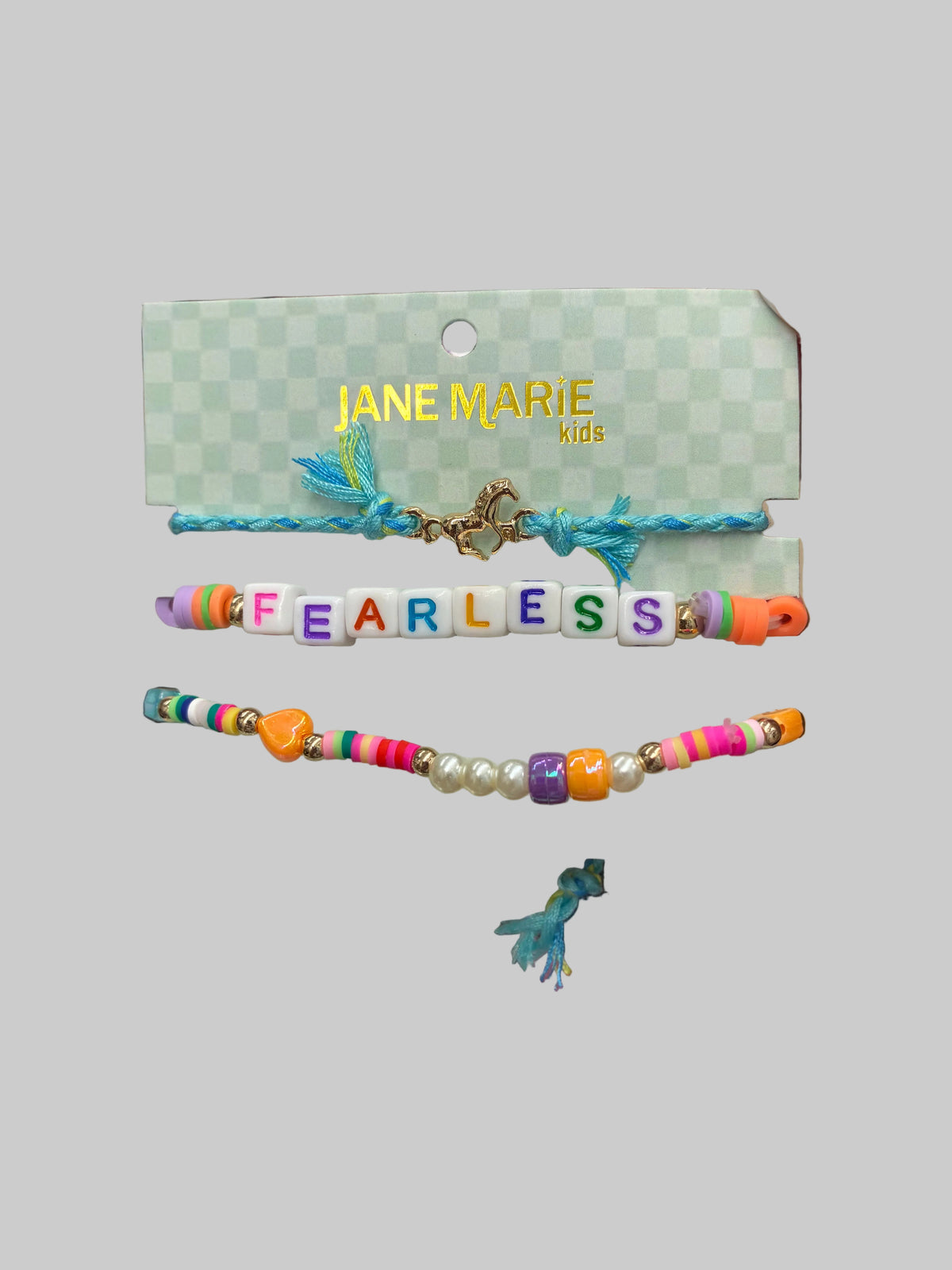 Kids Set of 3, Rubber Disk Strand, Braided Blue Rope Strand, Beaded "Fearless" & Horse Bracelet - Jane Marie