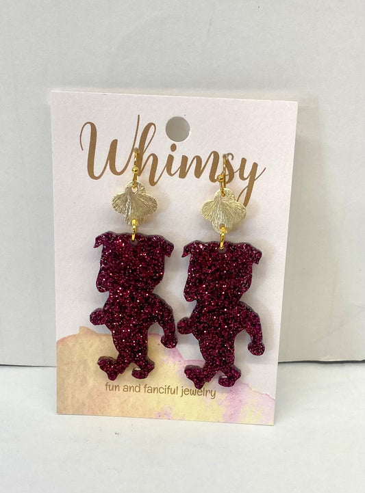 MS State Bulldog Earrings Maroon Glitter  /  Whimsy Jewels