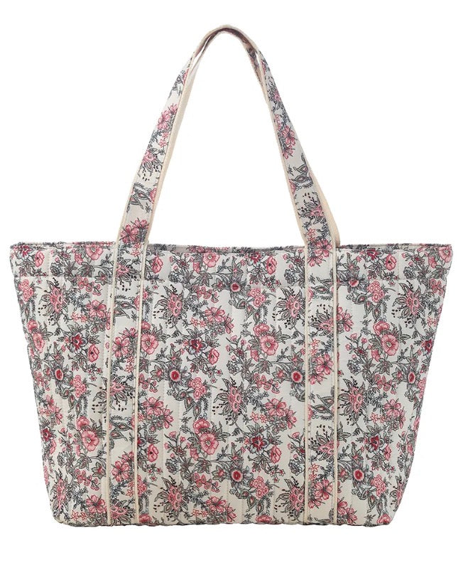 Ivory Floral Print Quilted Tote Bag with Shoulder Straps