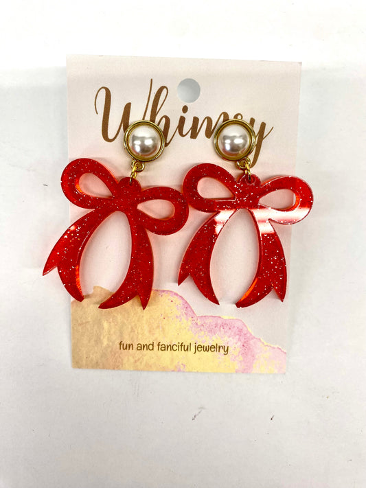 Red Glitter Bow Earrings with Pearl Post / Whimsy Jewels