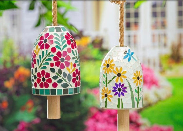 What She Garden Bell, Mosaic Glass, Floral, 7”