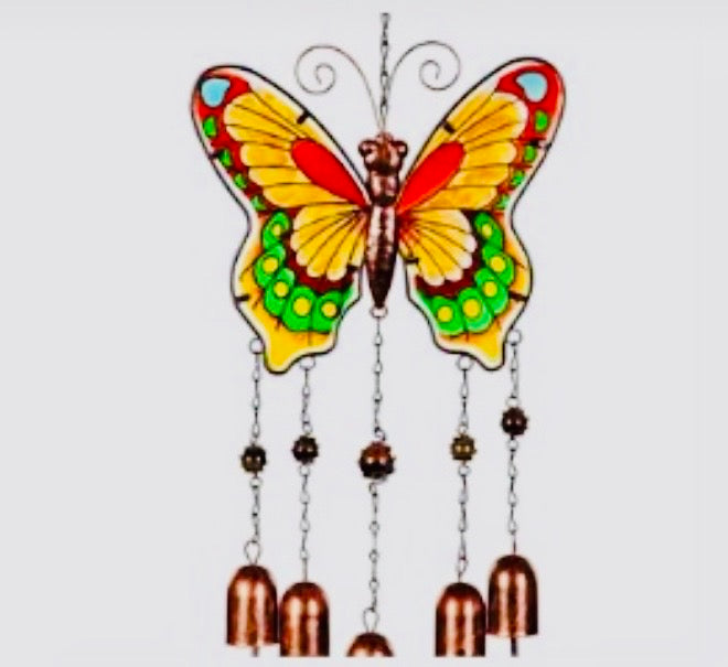 Pollinator Garden Wind Chime Glass Butterfly Wind Chime with Bells, Asst of 3   (9.5” W x 15.5”L)