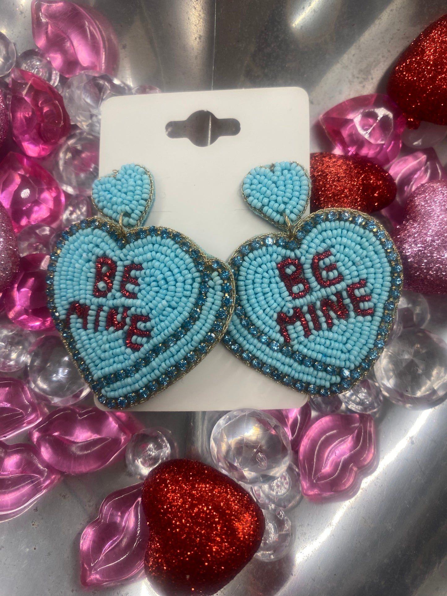 Be Mine Beaded Blue Heart Earrings