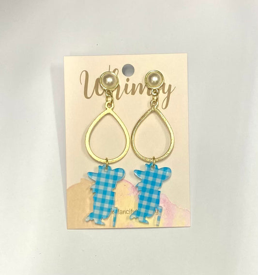 Ole Miss Colonel Reb Light Blue Gingham & Pearl Earrings