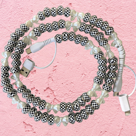 Checkered Beads & Pearl Bows 4-in-1 Fast Charging Cable