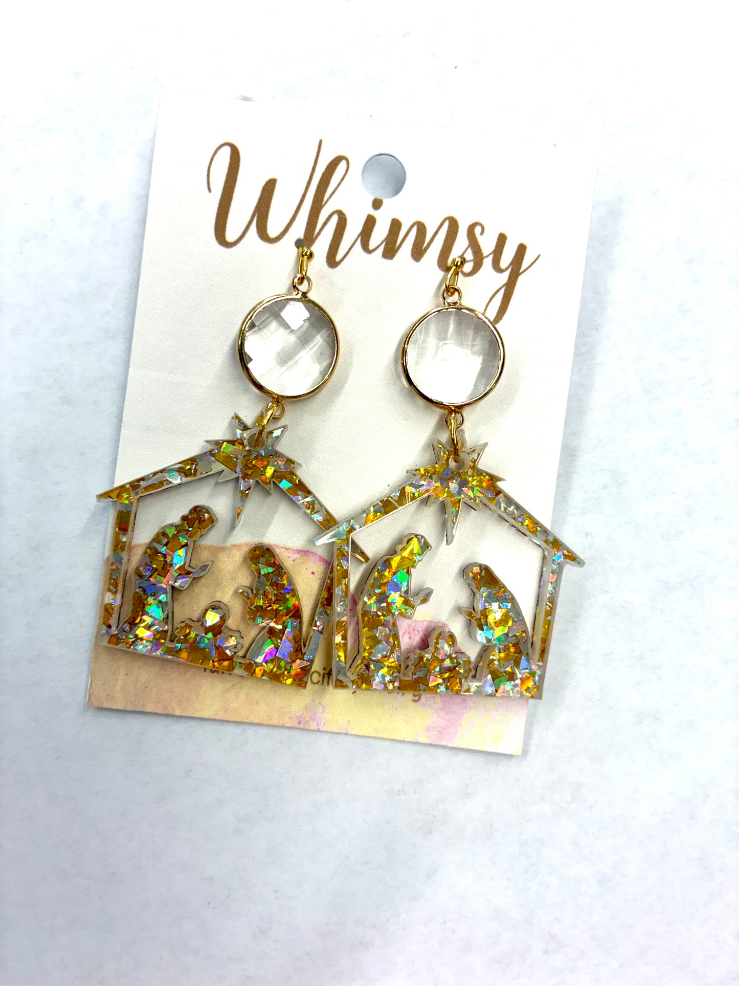 Gold Iridescent Manger Scene Earrings
