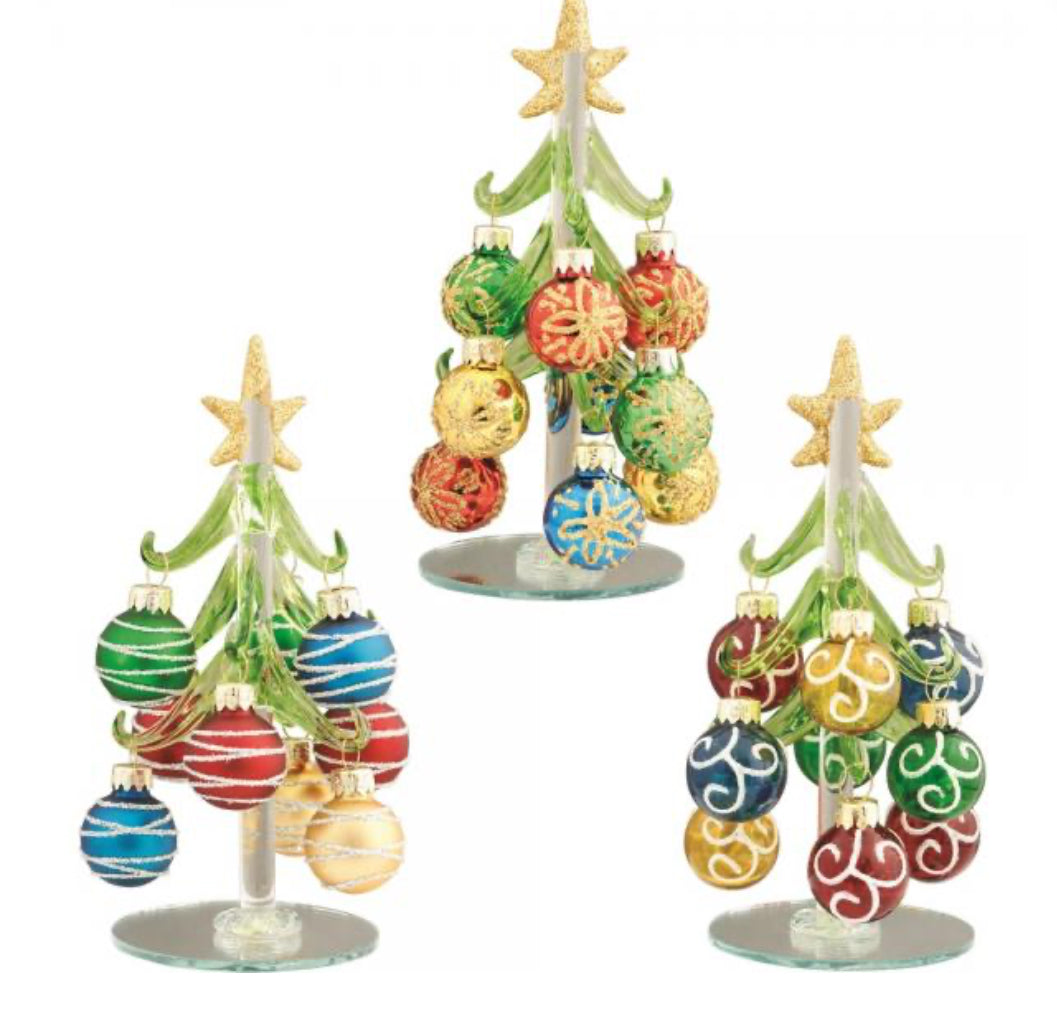 Green Glass 6” Tree Assorted Styles: Striped, Swirl, or Snowflake