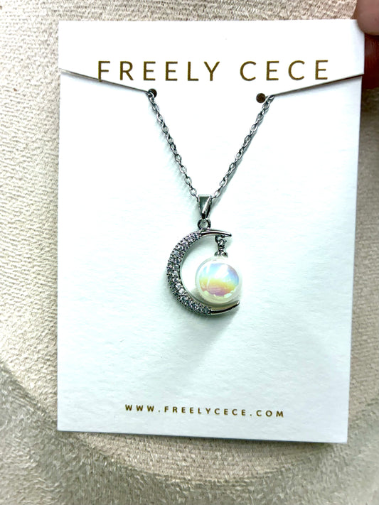 Silver Necklace with Rhinestone Half Moon and Opal Stone