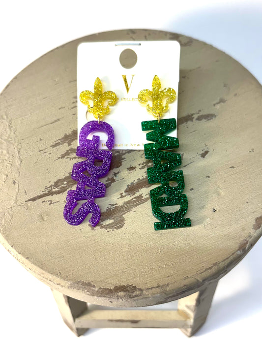 Mardi Gras Glitter Dangle Earrings