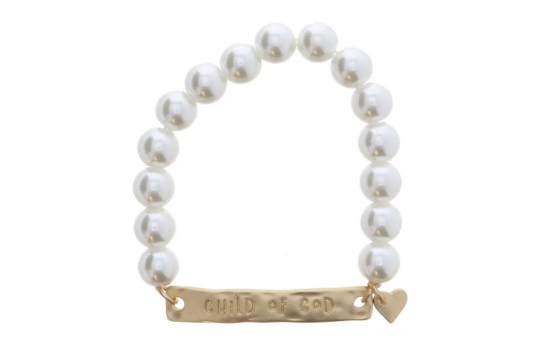 Kids Pearl Beaded With Gold “Child Of God” Bar and Gold Heart Charm Bracelet - Jane Marie