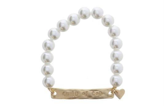 Kids Pearl Beaded With Gold “Child Of God” Bar and Gold Heart Charm Bracelet - Jane Marie