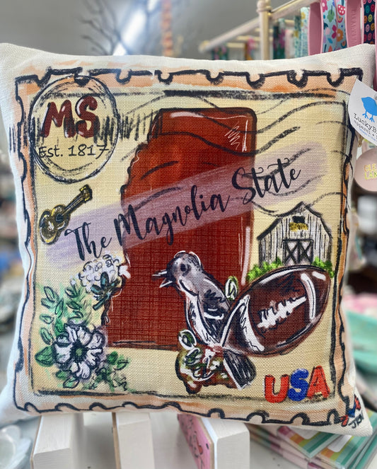 Mississippi Stamp Pillow / Lucky Bird Apparel & Home