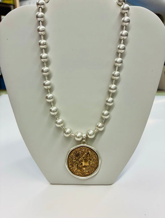 Silver Beaded Caesar Coin Necklace
