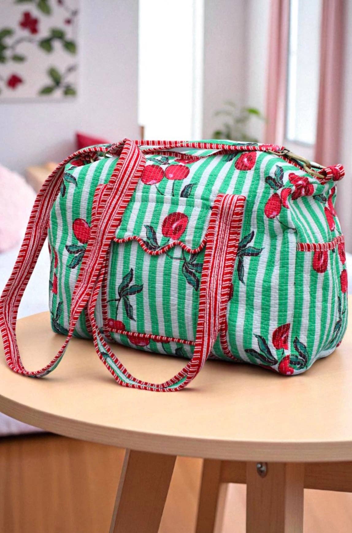 Campbell Green Striped Cherry Duffle Bag
