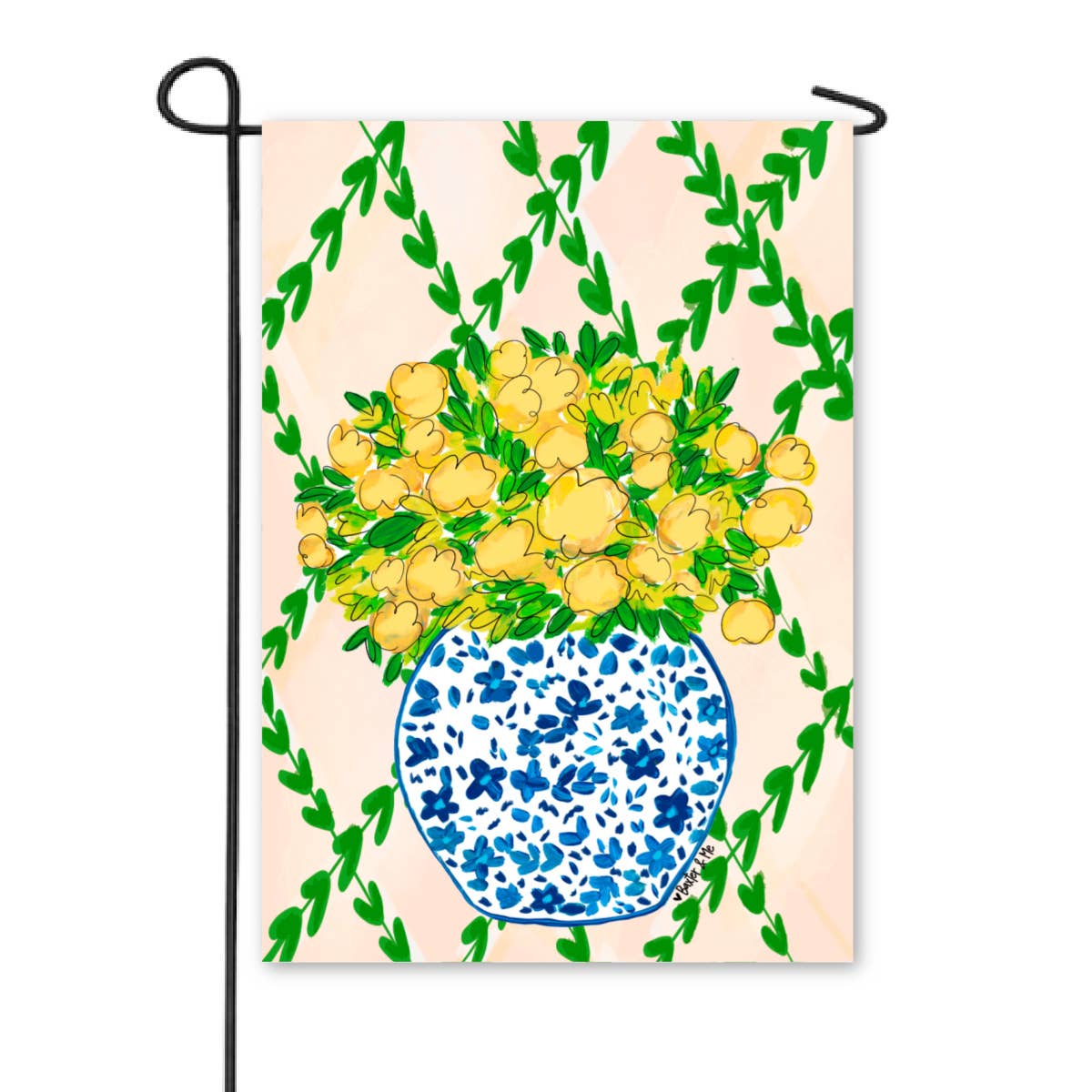 Yellow Floral in Blue Willow Garden Flag - Baxter & Me