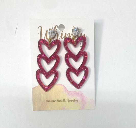 Red Glitter Heart Earrings w/ Heart Rhinestone