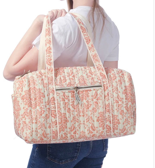 Quilted Floral Pink & White Weekender Tote Bag