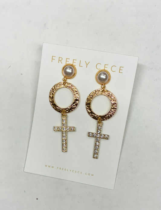 Gold Earrings with Pearl Stud, Hammered Circle Hoop and Crystal Studded Dangling Cross Earrings - Freely Cece
