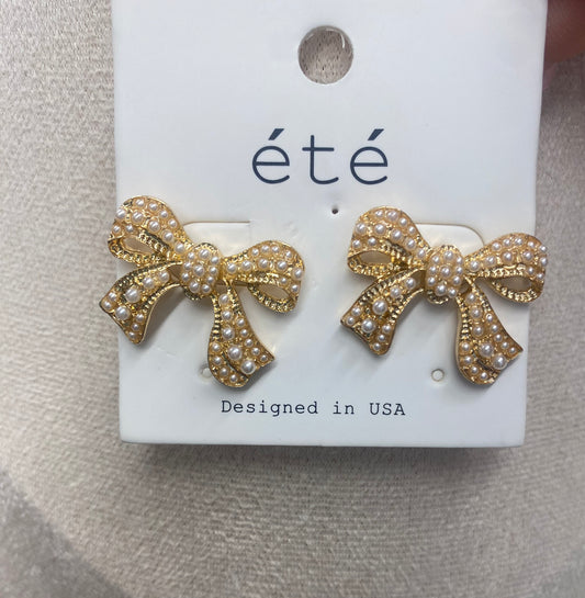 Pearl Gold Bow Stud Earrings