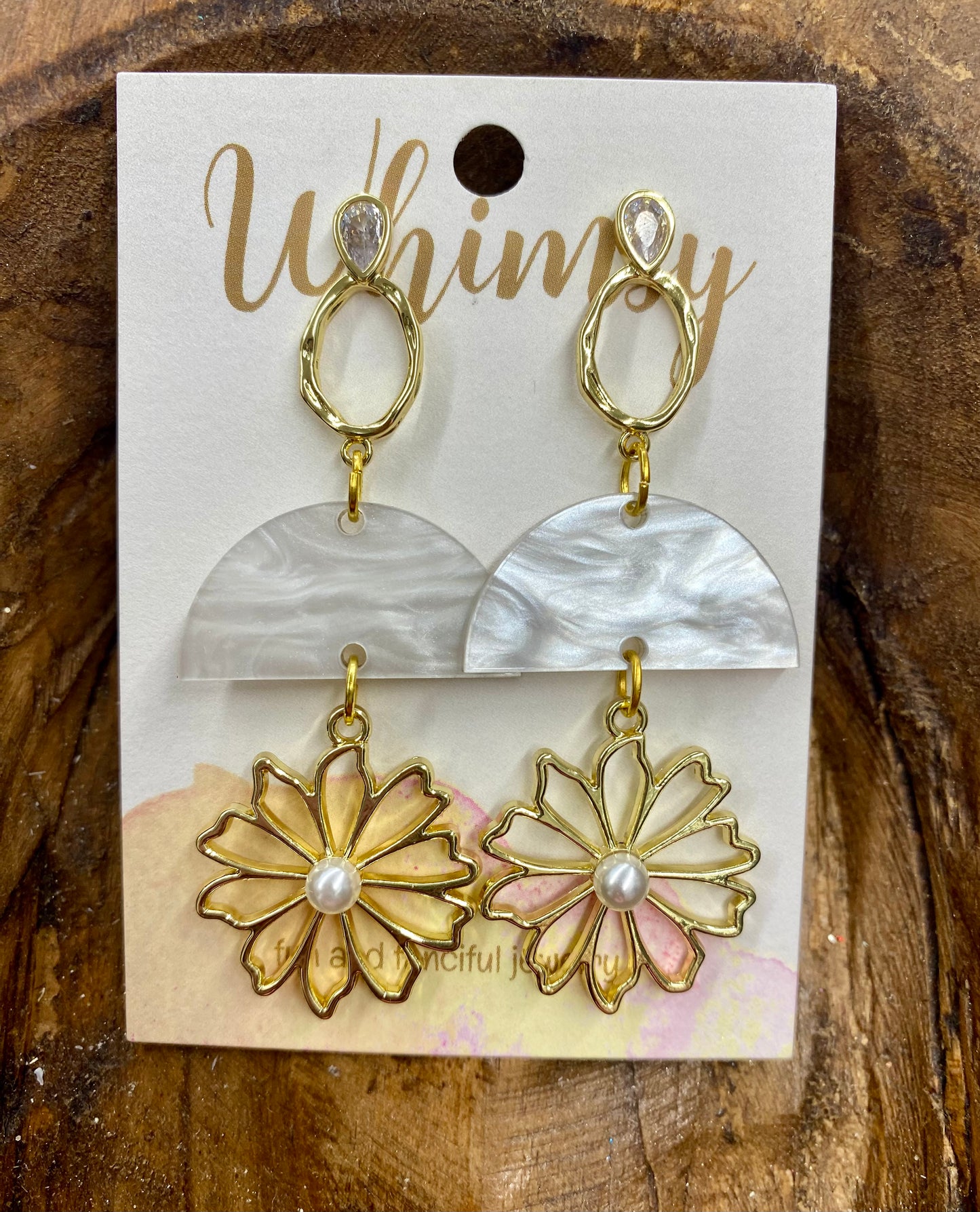 White & gold pearl flower earrings Whimsy Jewels