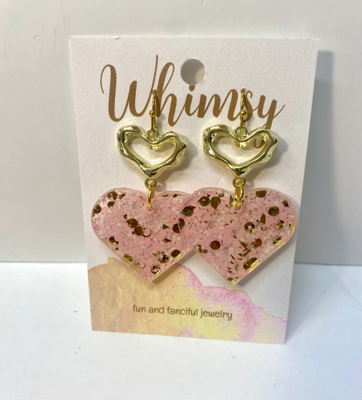 Pink/Gold Heart Earrings w/ Gold Heart   Whimsy Jewels