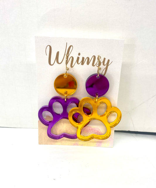 Metallic Purple & Gold Paw Earrings / LSU Whimsy Jewels