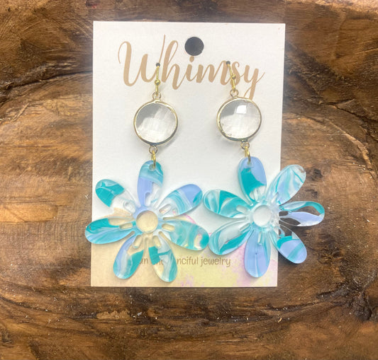 Teal, blue and white flower gold earrings with clear crystal / Whimsy Jewels