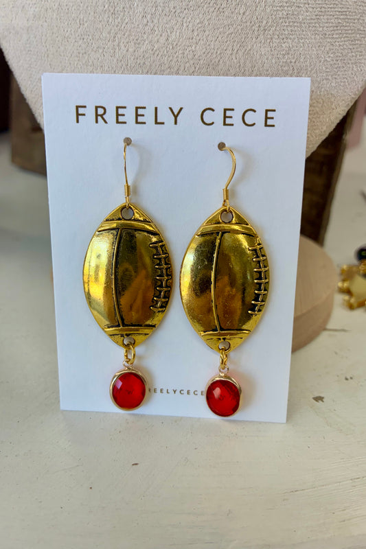 Gold Iridescent Football Earrings with Red Stone