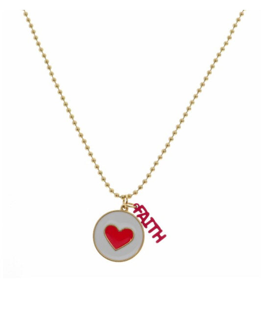 Kids Pink Heart On White Disc W/ Pink “‘FAITH” Necklace / Jane Marie