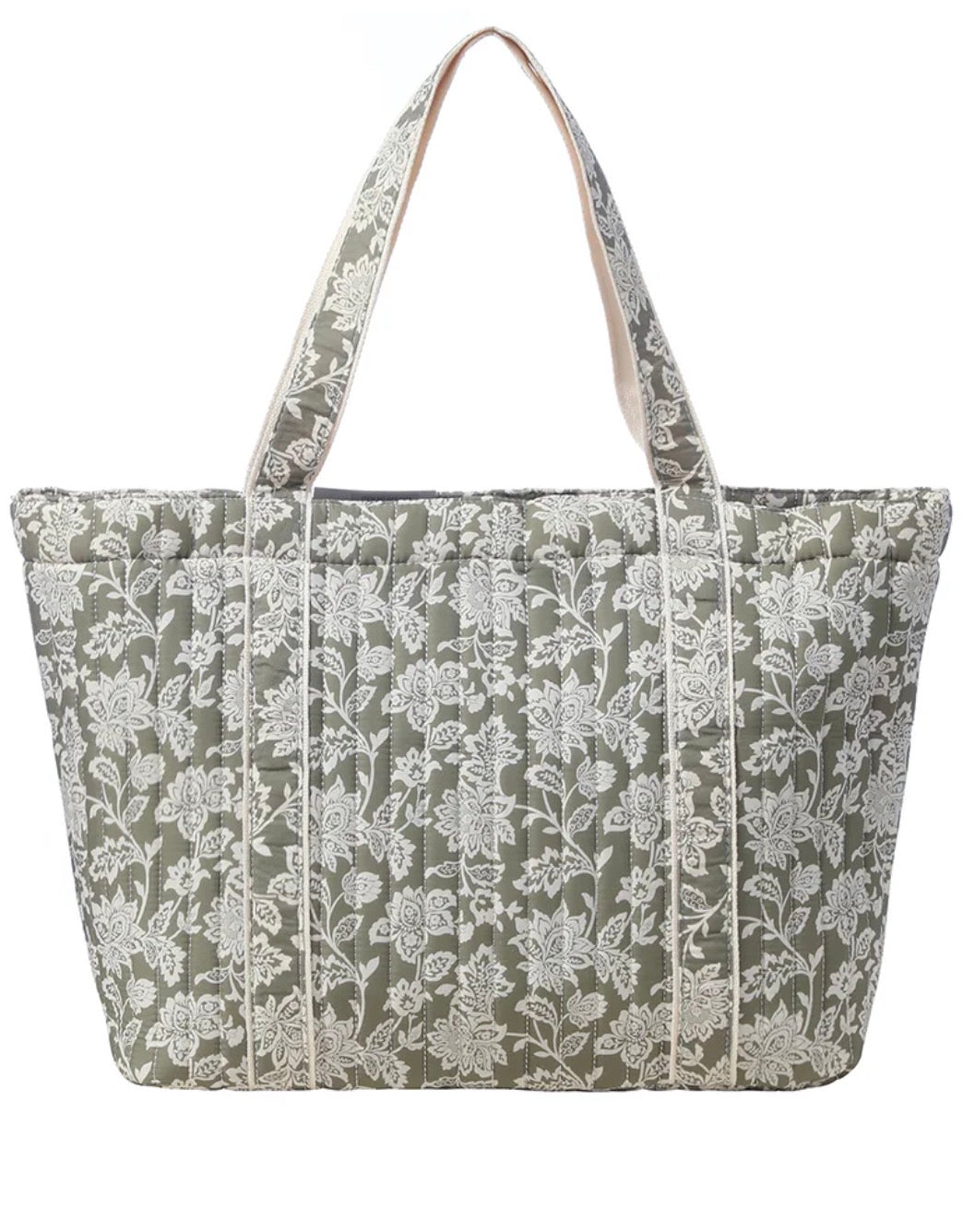 Sage Floral Print Quilted Tote Bag with Shoulder Straps