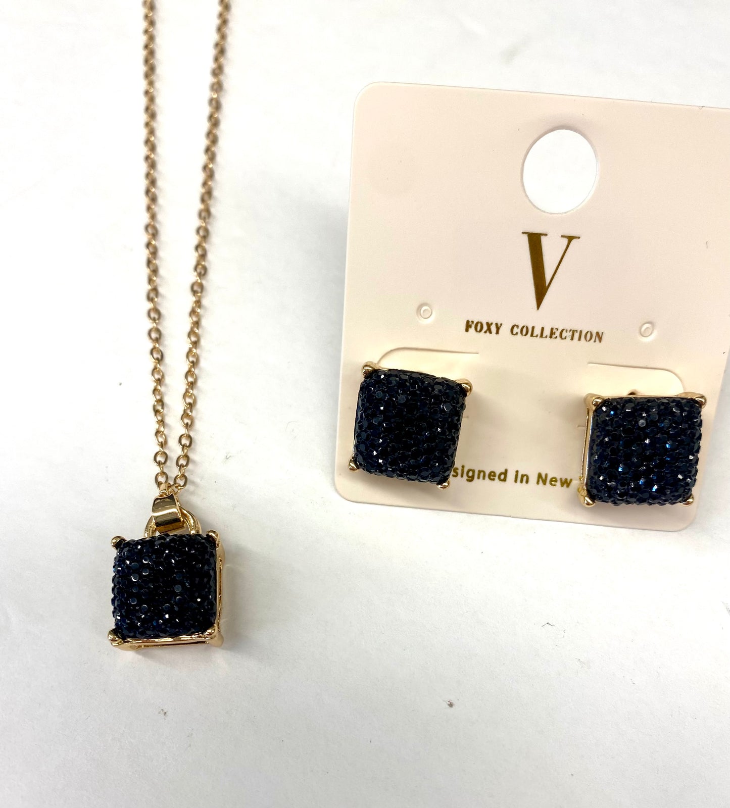 18” Gold Necklace with Square Black Druzy Pendant / Large Square Black Druzy Earring Studs / Sold Separately