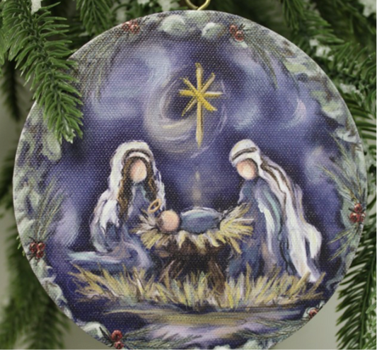 5” Round Canvas LED Ornament Holy Family Midnight Sky